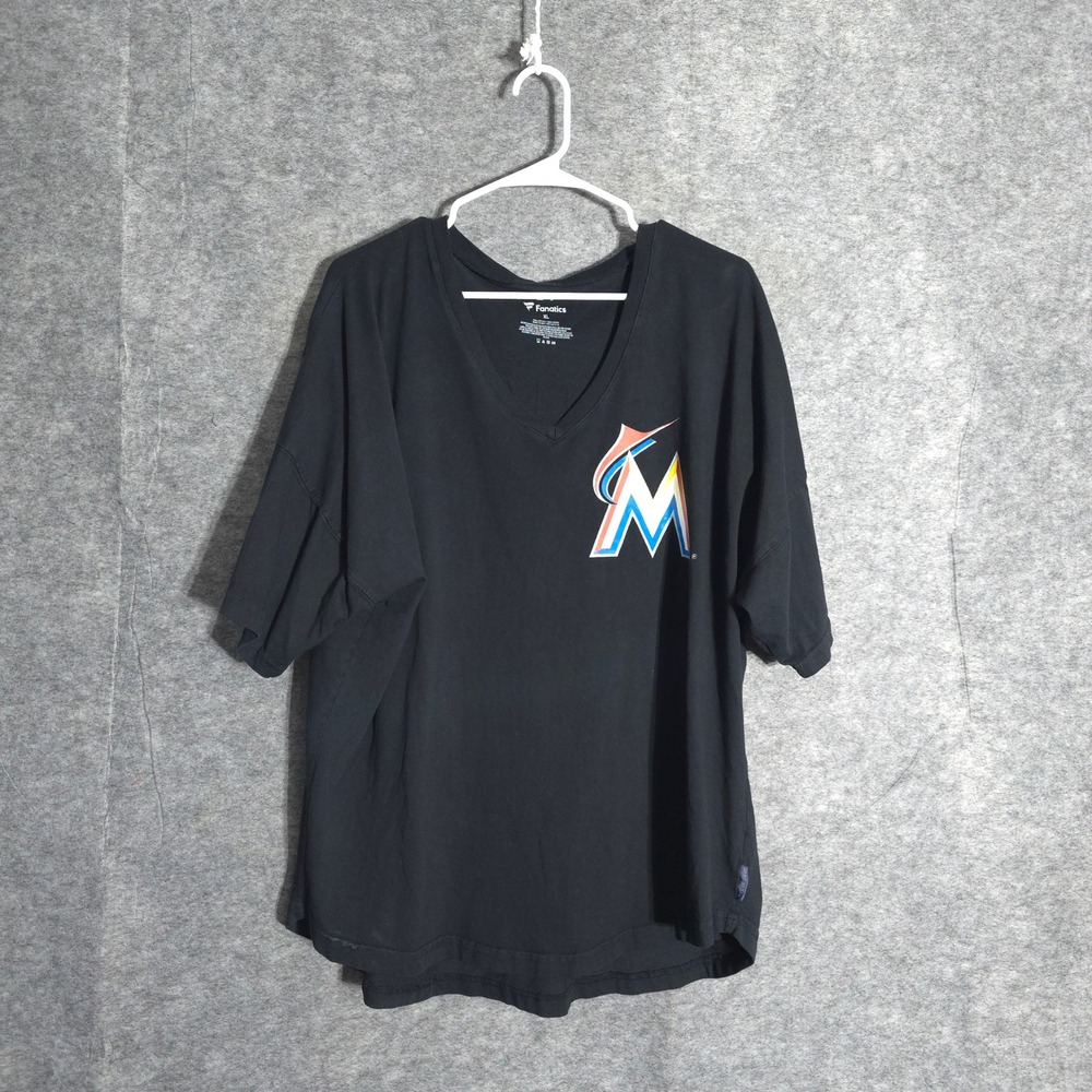 Fanatics Miami Marlins Men XL Black V-Neck Short Sleeve MLB Logo Graphic T-Shirt